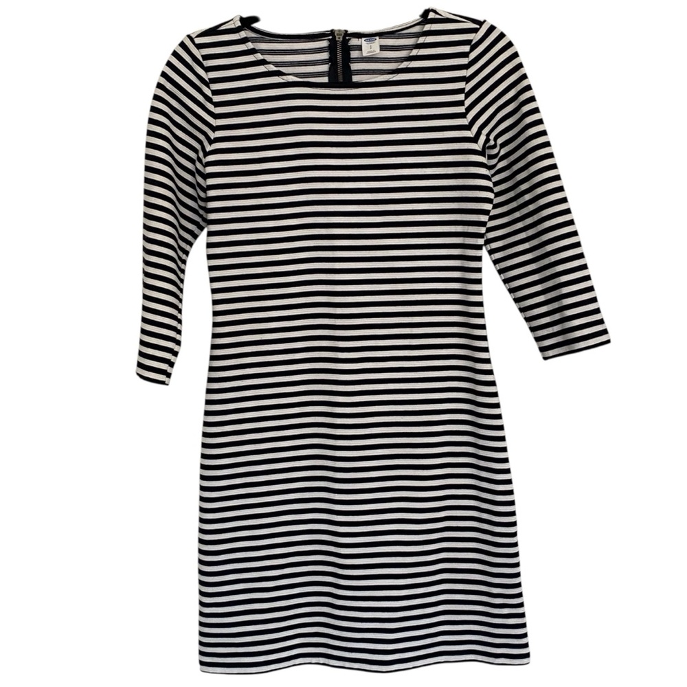 Old Navy Black White Striped A-Line Dress Exposed Zip 3/4 Sleeve Small